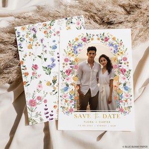 Modèle réservez votre date de fleurs sauvages colorées, fleurs de jardin de printemps, photo de pré-mariage, réservez notre carte de date, prairie florale MODifiable, téléchargement FLO2
