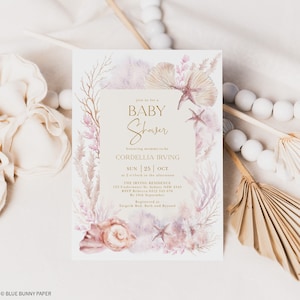 Ocean Baby Shower Invitation Mermaid Invite Under the Sea Party Coral Sea Shells Beach Printable Pastel Blush Lavender EDITABLE TEMPLATE OC1