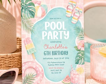 Pool Party Birthday Invitation: Summer Swim Party Canva Template Digital Download, PL2