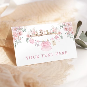 Bearbeitbare Babykleidung Platzkarten, Mädchen-Babyparty-Lebensmitteletiketten, rosa Blumenwäscheleine Essen Zelt Buffet Karte Sofortiger Download, CL1