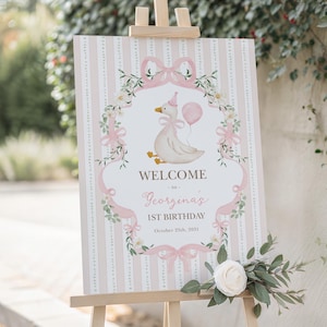 One Silly Goose Birthday Welcome Sign, Coquette Pink Bow Goose 1st Birthday Party Decor, Preppy Goose First Birthday EDITABLE TEMPLATE, SG1