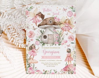 May include: A pink and green fairy-themed invitation with a mushroom house and the text "flutter and twirl" to celebrate Georgina's 1st birthday. The invitation includes the date, time, and location of the party.