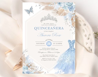 Blue Silver Quinceañera Invitation Editable Template, Boho Mis Quince Anos 15th Birthday DIY Invite Printable Corjl Instant Download, FLO8