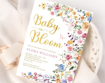 Colorful Wildflower Baby Shower Invitation, Baby in Bloom Invite, Spring Flower Garden Baby Girl Corjl EDITABLE TEMPLATE Download, FLO2