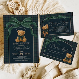 May include: Baby shower invitations and inserts with a teddy bear theme. The main invitation features a teddy bear with a green bow, the text "Baby Shower", and event details on a navy blue plaid background.