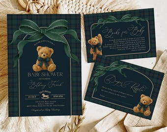 May include: Baby shower invitations and inserts with a teddy bear theme. The main invitation features a teddy bear with a green bow, the text "Baby Shower", and event details on a navy blue plaid background.