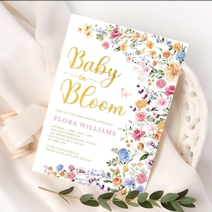 Kleurrijke Wildflower baby shower uitnodiging, baby in bloei uit te nodigen, lente bloementuin baby meisje Corjl BEWERKBARE sjabloon downloaden, FLO2