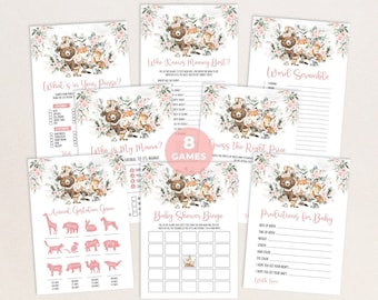 May include: A set of eight printable baby shower games featuring a woodland theme with pink floral accents. The games include "Who Knows Mommy Best?", "What's in Your Purse?", "Who is My Mama?", "Word Scramble", "Guess the Right Price", "Animal Gestation Game", "Baby Shower Bingo", and "Predictions for Baby".