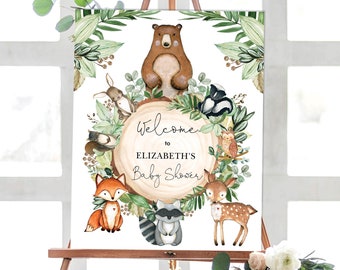 Editable Woodland Baby Shower Welcome Sign, Greenery Forest Animals Printable Decoration, Rustic Botanical Leaves Gender Neutral, WOOD24