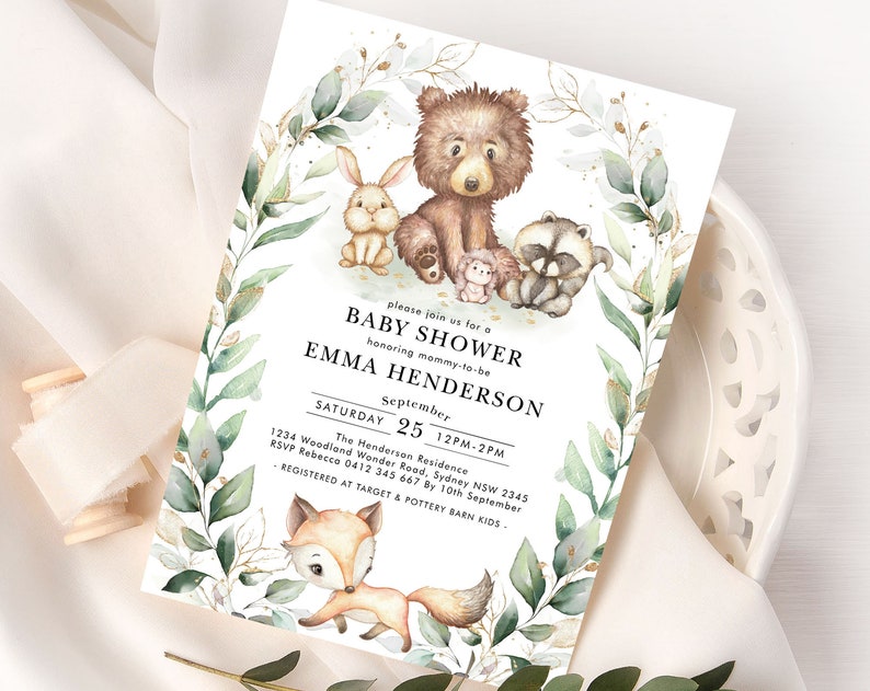 Greenery Woodland Baby Shower Invitation Template Forest Animals Printable Invite Green Gold Botanical Wreath EDITABLE