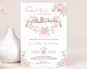 Girl Baby Clothes Baby Shower Invitation Pink Floral Laundry Baby Shower Invite Sweet Baby Girl EDITABLE TEMPLATE Instant Download CL1