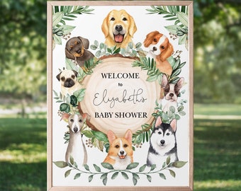 Dog Baby Shower Welcome Sign, Puppy Birthday Printable, Greenery Cute Puppies Party Decor, Corgi Husky Pug EDITABLE TEMPLATE, DOG1