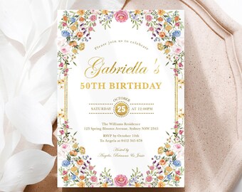 50th Birthday Invitation Card for Women Gold Wildflower Garden Party 50th Anniversary Floral Invite Editable Template Corjl Printable FLO2