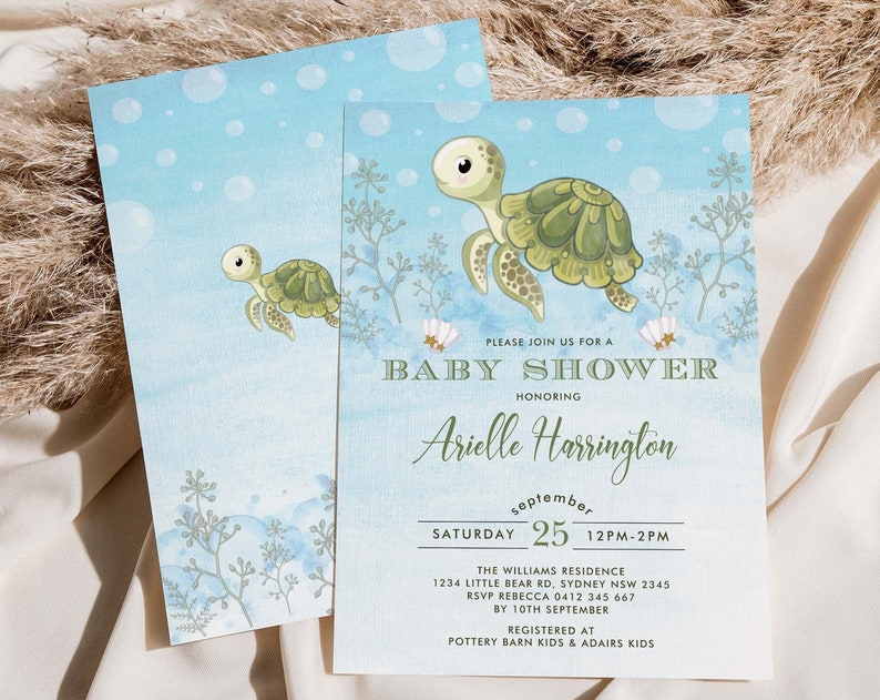 Sea Turtle Baby Shower Invitation Under Sea Invite Ocean Invitation Beach Pool Party Little Hatchling Baby Boy EDITABLE