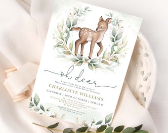 Editable Deer Baby Shower Invitation, Eucalyptus Greenery Woodland Forest Baby Shower Invite, Oh Deer Printable Template Download, DOE1