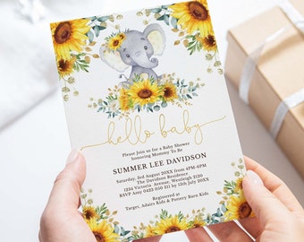 EDITABLE Sunflower Elephant Baby Shower Invitation, Summer Watercolor Floral Printable Invite Yellow and Gold EDITABLE TEMPLATE, SUN5