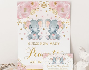 Guess How Many Peanuts Game Girl Twins Elephant Baby Shower or Gender Reveal Funny Pink Floral Printable Digital Instant Download EL6