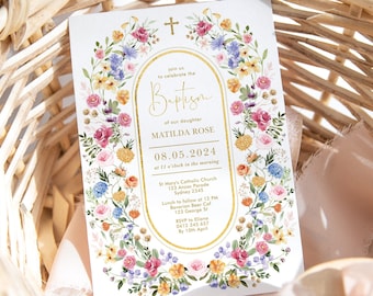 Wildflower Garden Baptism Invitation, Spring Floral (Editable Template), FLO2