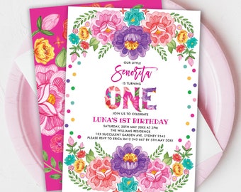 Editable Fiesta 1st Birthday Invitation, Little Senorita Party Invite, Mexican Flowers Nacho Average Birthday Template Download. CDM4