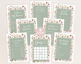 May include: A collection of eight baby shower games printed on white cardstock. Each game features a floral border with pink and yellow flowers and butterflies. Games include "Who's My Mama?", "Bingo", and "Predictions for Baby".