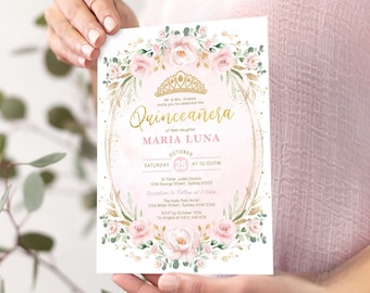Quinceañera Invitation Template, Blush Floral Mis Quince Anos 15th Birthday Invite, Pink Gold Princess Tiara Party EDITABLE Download, FLO40