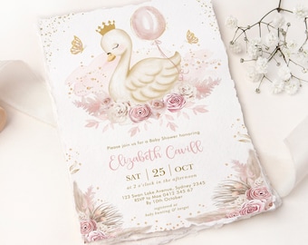 Boho Swan Princess Baby Shower Invitation Template Pink Gold Swan With Balloon Baby Girl Printable EDITABLE Instant Download, SWAN4