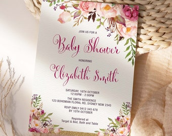 Boho Floral Baby Shower Invitation, Cottage Chic Baby Girl Shower, Watercolor Flower High Tea Garden Party, EDITABLE TEMPLATE Download, FLO7