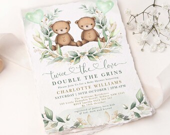 May include: A baby shower invitation featuring a watercolour illustration of two teddy bears sitting in a wreath of green leaves. The text reads "Twice the love, Double the grins. Please join us for a baby shower honouring Charlotte Williams. Saturday, 30th October, 2PM-4PM. The Williams Residence, 123 Little Pumpkin Street, Sydney NSW 2345. RSVP Imelda 0412 345 567 by 10th October. Registered at Pottery Barn Kids & Bed, Bath and Beyond."