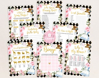 May include: A bundle of eight baby shower games with an Alice in Wonderland theme. The games include "What's in Your Purse?", "Who Knows Mommy Best?", and "Bingo". The designs feature floral accents, playing card motifs, and illustrations of teacups and the Mad Hatter's hat.