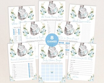 Elephant Baby Shower Games Bundle, 8x Blue Floral Greenery Elephant Printable Games, Sleeping Little Peanut Instant Digital Download, EL9