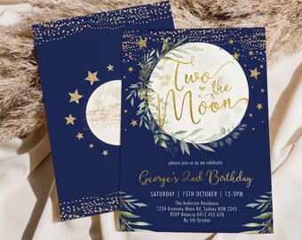 Two the Moon 2nd Birthday Invitation, Navy Blue Gold Outer Space Party Invite, Twinkle Star Night Sky EDITABLE Template Download, MOON12