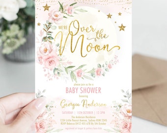 Moon and Star Baby Shower Invitation, Pink Blush Floral Twinkle Little Star Baby Girl Invite, Outer Space Galaxy EDITABLE TEMPLATE, MOON10