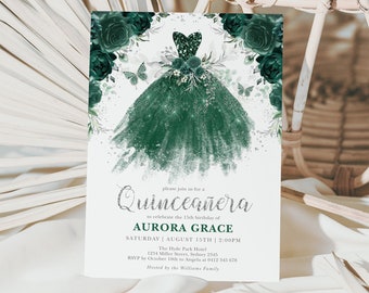 Emerald Green Quinceañera Dress Invitation Princess Silver Ball Gown Mis Quince 15 Anos Template Birthday Sweet 16 EDITABLE Invite FLO17