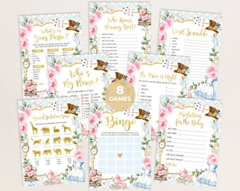 May include: A collection of eight baby shower games, featuring an Alice in Wonderland theme. Each game card has a light blue background with floral and gold accents. The games include "What's in Your Purse?", "Who Knows Mommy Best?", and "Bingo".