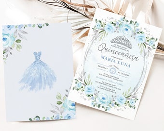 May include: A blue and silver Quinceañera invitation with a watercolour floral design. The invitation features a crown, the text "Quinceañera" and the name "Maria Luna". The invitation also includes the date and time of the event, as well as the location of the church and reception.