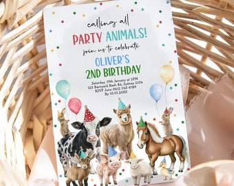 Farm Animals Birthday Invitation Barnyard Bash Party Animals Birthday Invite Barn Balloon Confetti Download Editable Template FARM4