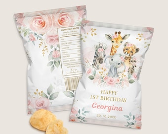 Redigerbar Safari-chipspåse för flicka, Boho Jungle Wild One 1-årsfestgåvor, Blush Blommig Baby Shower Utskrivbar DIREKT NEDLADDNING, SAF8