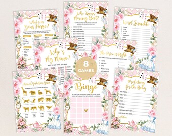 May include: A set of eight printable baby shower games featuring a whimsical Alice in Wonderland theme. The games include "Who Knows Mommy Best?", "What's in Your Purse?", "Word Scramble", "Who's My Mama?", "Animal Gestation Game", "The Price is Right", "Bingo", and "Predictions for the Baby".
