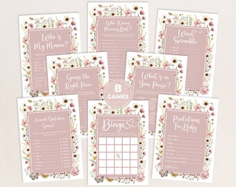 May include: A set of eight printable baby shower games featuring a floral design with butterflies. The games include "Who Knows Mommy Best?", "Who's My Mama?", "Word Scramble", "Guess the Right Price", "What's in Your Purse?", "Animal Gestation Game", "Baby Shower Bingo", and "Predictions for Baby".