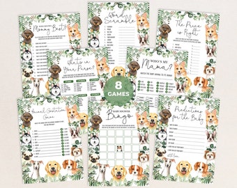 Puede incluir: Un conjunto de ocho juegos de baby shower imprimibles con diferentes razas de perros. Los juegos incluyen "¿Quién conoce mejor a mamá?", "¿Qué hay en tu bolso?", "Juego de gestación animal", "Bingo de baby shower", "¿Quién es mi mamá?", "Desorden de palabras", "El precio es correcto" y "Predicciones para el bebé".