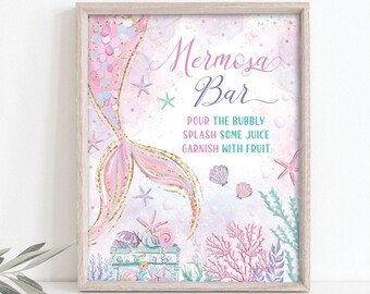 Mermosa Bar Sign Mermaid Baby Shower Decor Under the Sea Party Corals Sea Shells Pink Purple Teal Mermaid Decorations INSTANT DOWNLOAD MER1