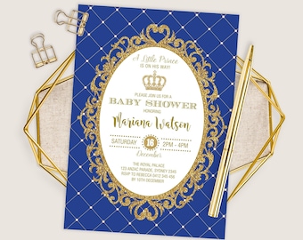 Invitación editable de Prince Baby Shower, plantilla de invitación Royal Blue Gold Crown Boy King, descarga instantánea digital imprimible de Prince, RBG1
