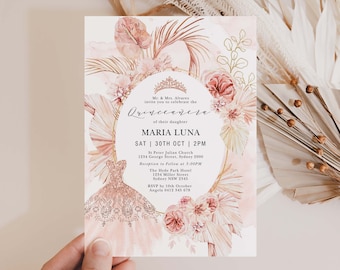 Editable Quinceañera Invitation Template, Blush Mis Quince 15 Anos Birthday Invite, Boho Pampas Dried Palm Party Printable Download, PAM1