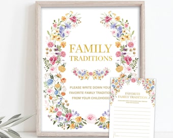 Family Traditions Sign and Note Card Colorful Wildflower Baby Shower Printable Decor Spring Garden Flowers Games Instant Download, FLO2