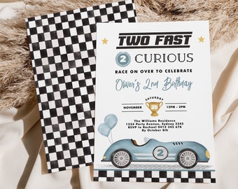 May include: A blue and white race car birthday party invitation with a checkered flag background. The invitation says "Two Fast Two Curious" and "Oliver's 2nd Birthday". The party is on Saturday, November 25th from 12pm to 2pm at The Williams Residence. RSVP by October 8th.
