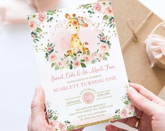 Girl Giraffe Birthday Invitation, Blush Pink Flower Jungle Animal Baby Girl Invite, Wild One Party Editable Template, Instant Download, GI5