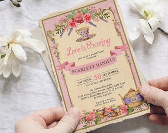 Vintage Tea Party Bridal Shower Invitation Template, Love is Brewing, EDITABLE Bridal Brunch High Tea Wedding Printable Download, TEA9