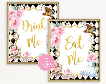 Alice in Wonderland Party Signs, Drink Me & Eat Me Signs, Mad Tea Party Onederland 1st Birthday Food Table Decorations INSTANT DOWNLOAD, AL3