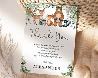 May include: A white thank you card with a green leafy border and a watercolour illustration of woodland animals. The text reads "Thank You" and includes a message thanking guests for making the birthday special. The card is signed "With Love, Alexander."