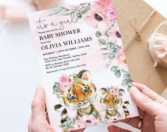 Tiger Baby Shower Invite, Jungle Animal Baby Girl Invitation, Pink Floral Eucalyptus Greenery Printable EDITABLE TEMPLATE Download, TG1
